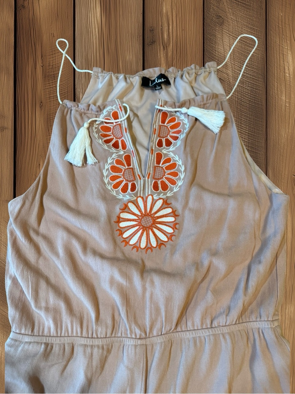 Lulus “Barcelona Beauty” Blush Pink Embroidered Tassel Boho Romper Size Large - Picture 9 of 14